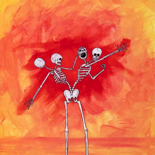 Strange, multi-headed skeleton against a red/orange/yellow background.